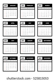 Calendar 2017 for a year start week from Sunday, vector illustration