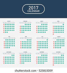 Calendar 2017 for a year start week from Sunday, vector illustration