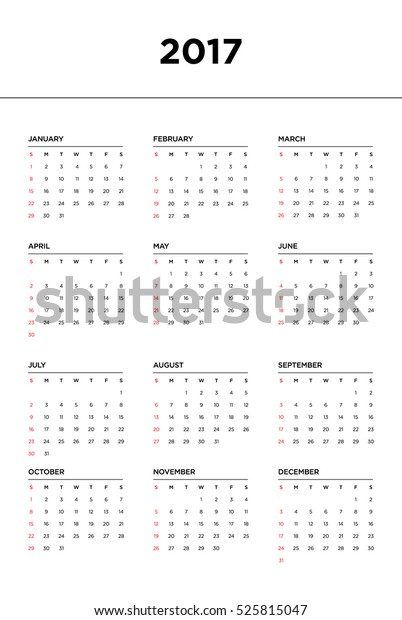 Calendar 2017 Year Start Week Sunday Stock Vector (Royalty Free ...