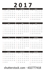 Calendar 2017 year strict business style, black and white. Calendar 2017 vector. Business calendar. 