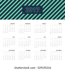 Calendar 2017 for a year, stripe line pattern flat design, starts week from Sunday, vector illustration