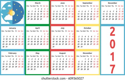 Calendar for 2017 year with sun and moon, day and night. Week starts on Monday. Flat design. Vector illustration. EPS 8, no transparency