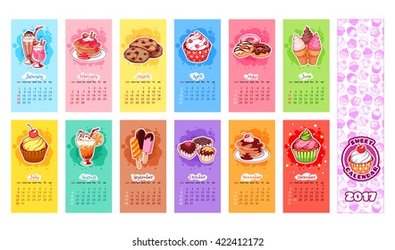 Calendar for 2017 year with sweets. Week Starts Sunday. Delicious cartoon sweets. Vector calendar template for kids.