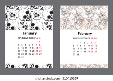 Calendar 2017 year tattoo style. Tattoo art vector illustration.
