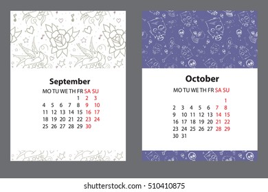Calendar 2017 year tattoo style. Tattoo art vector illustration.