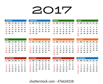 Calendar for 2017 year template. White background. Week starts Sunday. EPS 8
