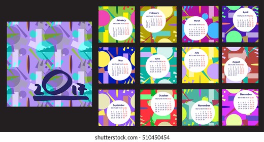Calendar 2017 year trendy geometric style. Retro style texture.