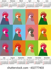 Calendar 2017 year, twelve months, twelve roosters. A calendar with a symbol, the rooster.Calendar 2017 vector