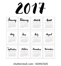 Calendar 2017 Year, Vector Cards With Hand Drawn Month Lettering,