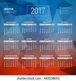 Calendar for 2017 year. Vector design stationery template. Week starts Monday. Flat style color vector illustration. Yearly calendar template