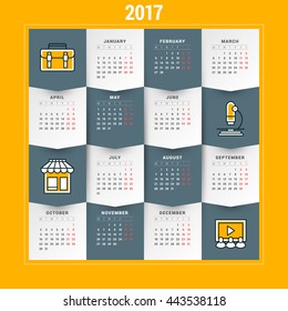 Calendar for 2017 year. Vector design stationery template. Week starts Monday. Flat style color vector illustration. Yearly calendar template