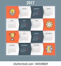 Calendar for 2017 year. Vector design stationery template. Week starts Monday. Flat style color vector illustration. Yearly calendar template