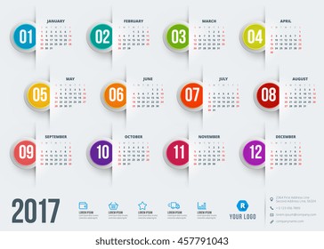 Calendar for 2017 year. Vector design stationery template. Week starts Sunday. Flat style color vector illustration. Yearly calendar template