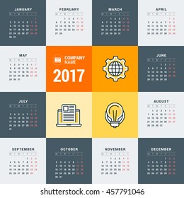 Calendar for 2017 year. Vector design stationery template. Week starts Monday. Flat style color vector illustration. Yearly calendar template