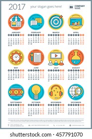 Calendar for 2017 year. Vector design stationery template. Week starts Monday. Flat style color vector illustration. Yearly calendar template