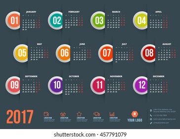 Calendar for 2017 year. Vector design stationery template. Week starts Monday. Flat style color vector illustration. Yearly calendar template