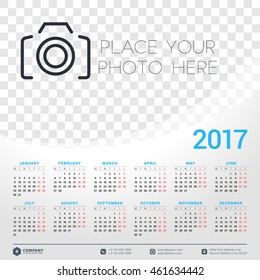 Calendar for 2017 year. Vector design stationery template. Week starts Monday. Flat style color vector illustration. Yearly calendar template