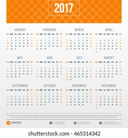 Calendar for 2017 year. Vector design stationery template. Week starts Sunday. Flat style color vector illustration. Yearly calendar template