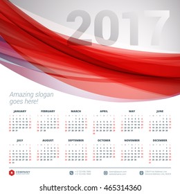 Calendar for 2017 year. Vector design stationery template. Week starts Sunday. Flat style color vector illustration. Yearly calendar template