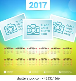 Calendar for 2017 year. Vector design stationery template. Week starts Sunday. Flat style color vector illustration. Yearly calendar template