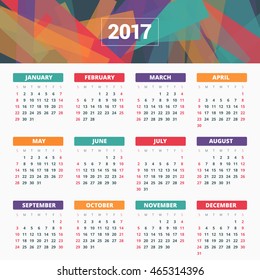 Calendar for 2017 year. Vector design stationery template. Week starts Sunday. Flat style color vector illustration. Yearly calendar template