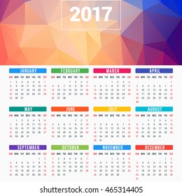 Calendar for 2017 year. Vector design stationery template. Week starts Sunday. Flat style color vector illustration. Yearly calendar template