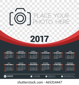 Calendar for 2017 year. Vector design stationery template. Week starts Sunday. Flat style color vector illustration. Yearly calendar template