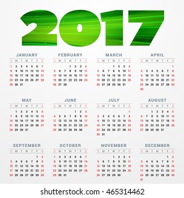 Calendar for 2017 year. Vector design stationery template. Week starts Sunday. Flat style color vector illustration. Yearly calendar template