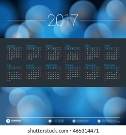 Calendar for 2017 year. Vector design stationery template. Week starts Sunday. Flat style color vector illustration. Yearly calendar template