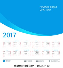 Calendar for 2017 year. Vector design stationery template. Week starts Sunday. Flat style color vector illustration. Yearly calendar template