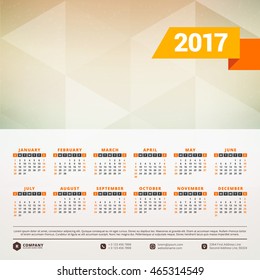 Calendar for 2017 year. Vector design stationery template. Week starts Sunday. Flat style color vector illustration. Yearly calendar template