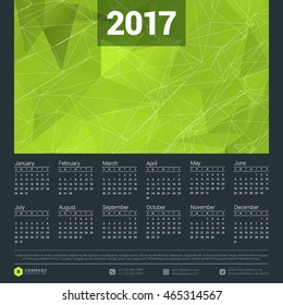 Calendar for 2017 year. Vector design stationery template. Week starts Sunday. Flat style color vector illustration. Yearly calendar template