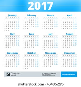 Calendar for 2017 Year. Vector Design Print Template with Company Logo and Contact Information. Week Starts Monday