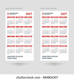 Calendar for 2017 Year. Vector Design Print Template. Week Starts Monday and Week starts Sunday versions. Vertical Orientation