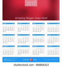 Calendar for 2017 Year. Vector Design Print Template with Place for Photo, Company Logo and Contact Information. Week Starts Monday