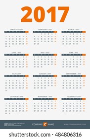 Calendar for 2017 Year. Vector Design Print Template with Company Logo and Contact Information. Week Starts Monday