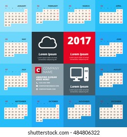 Calendar for 2017 Year. Vector Design Print Template with Company Logo and Contact Information. Week Starts Monday