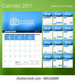Calendar for 2017 year. Vector design print template with place for photo. Week starts Monday. Set of 12 calendar pages. Stationery design