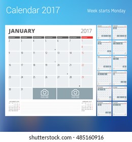 Calendar for 2017 year. Vector design print template with place for photo. Week starts Monday. Set of 12 calendar pages. Stationery design
