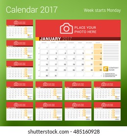Calendar for 2017 year. Vector design print template with place for photo. Week starts Monday. Set of 12 calendar pages. Stationery design