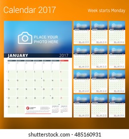 Calendar for 2017 year. Vector design print template with place for photo. Week starts Monday. Set of 12 calendar pages. Stationery design