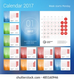 Calendar for 2017 year. Vector design print template with place for photo. Week starts Monday. Set of 12 calendar pages. Stationery design