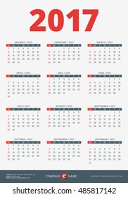 Calendar for 2017 Year. Vector Design Print Template with Company Logo and Contact Information. Week Starts Sunday