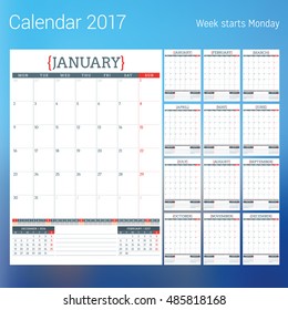 Calendar for 2017 year. Vector design print template with place for photo. Week starts Monday. Set of 12 calendar pages. Stationery design