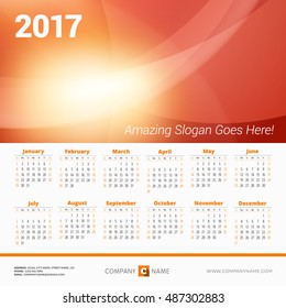 Calendar for 2017 Year. Vector Design Print Template with Abstract Wave Background, Company Logo and Contact Information. Week Starts Sunday