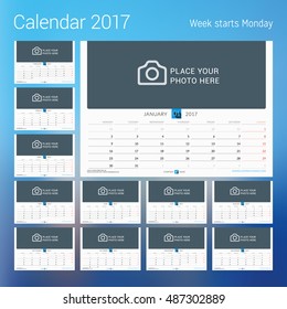 Calendar for 2017 year. Vector design print template with place for photo. Week starts Monday. Set of 12 calendar pages. Stationery design