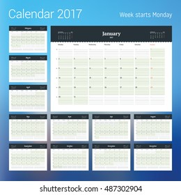 Calendar for 2017 year. Vector design print template with place for photo. Week starts Monday. Set of 12 calendar pages. Stationery design