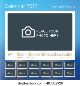 Calendar for 2017 year. Vector design print template with place for photo. Week starts Monday. Set of 12 calendar pages. Stationery design