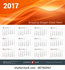 Calendar for 2017 Year. Vector Design Print Template with Abstract Wave Background, Company Logo and Contact Information. Week Starts Sunday