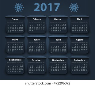 Calendar 2017 year vector design template in Spanish. EPS